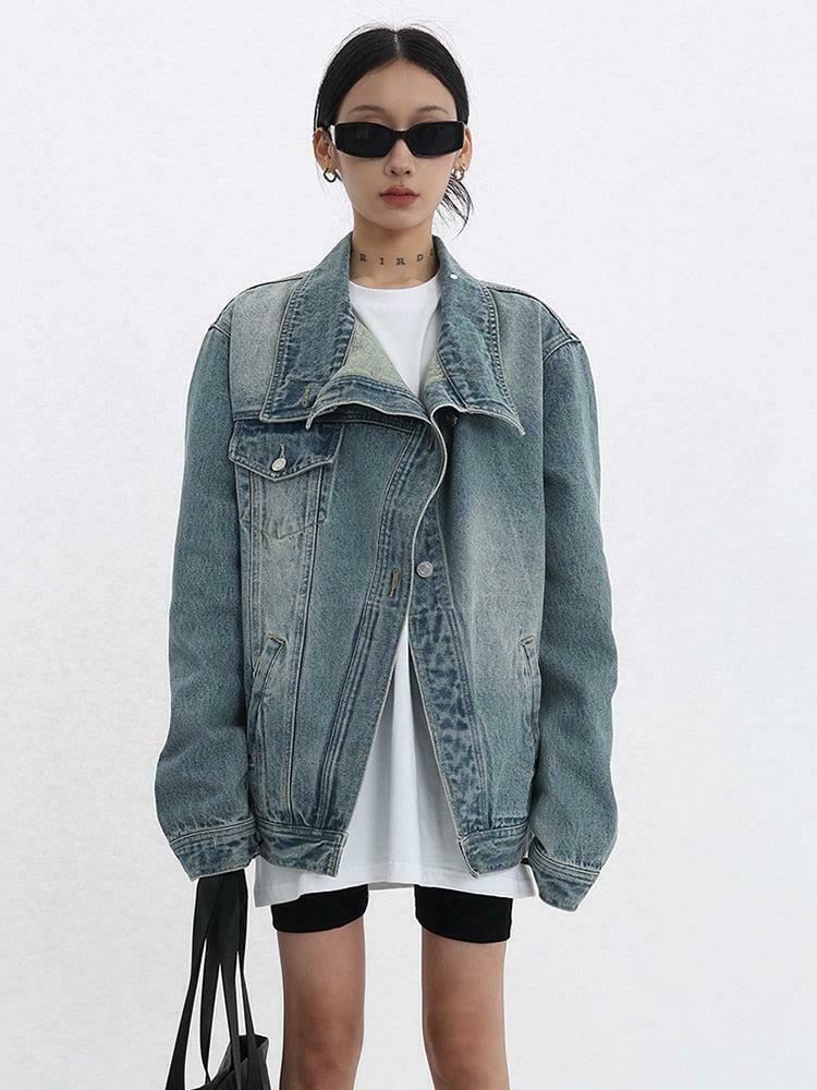 Acubi Asymmetrical Denim Jacket - Trendy Y2K Fashion for Women with Embroidery Details