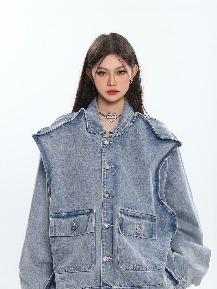 Asymmetric Design Y2K Denim Jacket for Trendy Style - Embroidered & Sheepskin Options Available