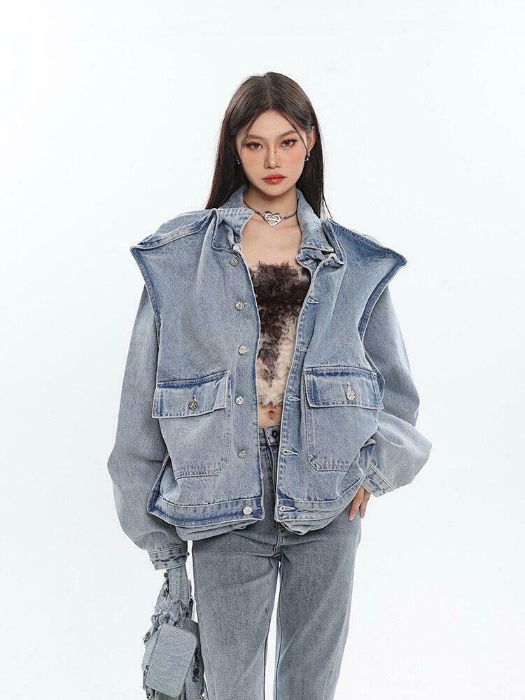 Asymmetric Design Y2K Denim Jacket for Trendy Style - Embroidered & Sheepskin Options Available