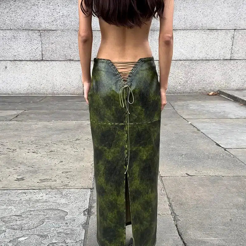 Baddie Leaf Lace Up Split Maxi Skirt - Trendy Y2K Fashion for Stylish Looks