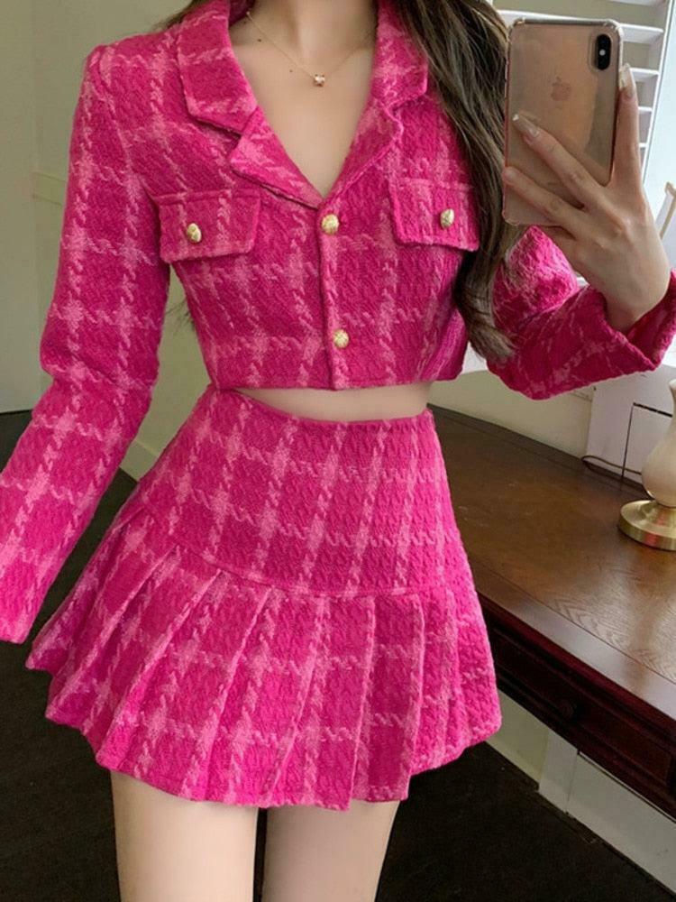 Barbie Two-Piece Crop Jacket & Mini Skirt Set - Trendy Y2K Fashion for Stylish Outfits