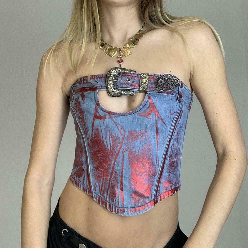 Belted Tube Top in Dark Denim - Y2K Style Cut Out & Tulle Options for Trendy Looks