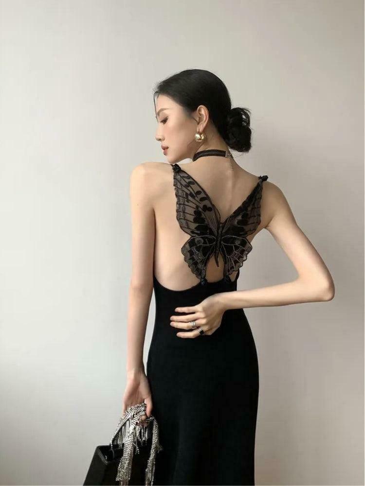 Black Butterfly Back Midi Dress - Trendy Y2K Fashion Inspired by Korean & Asian Styles