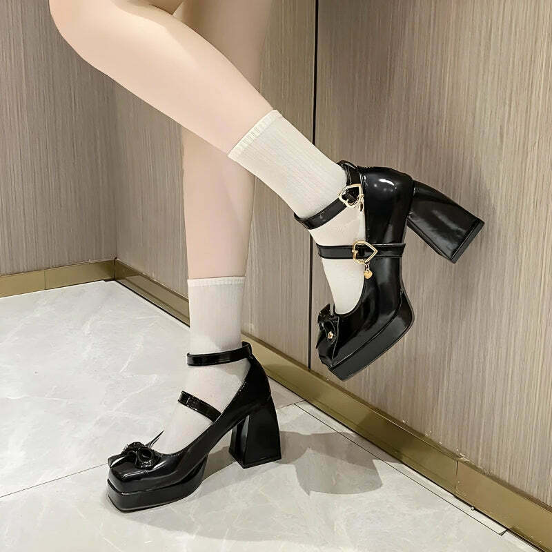 Bow & Heart Mary Jane High Heels - Trendy Y2K Fashion Footwear for Stylish Looks