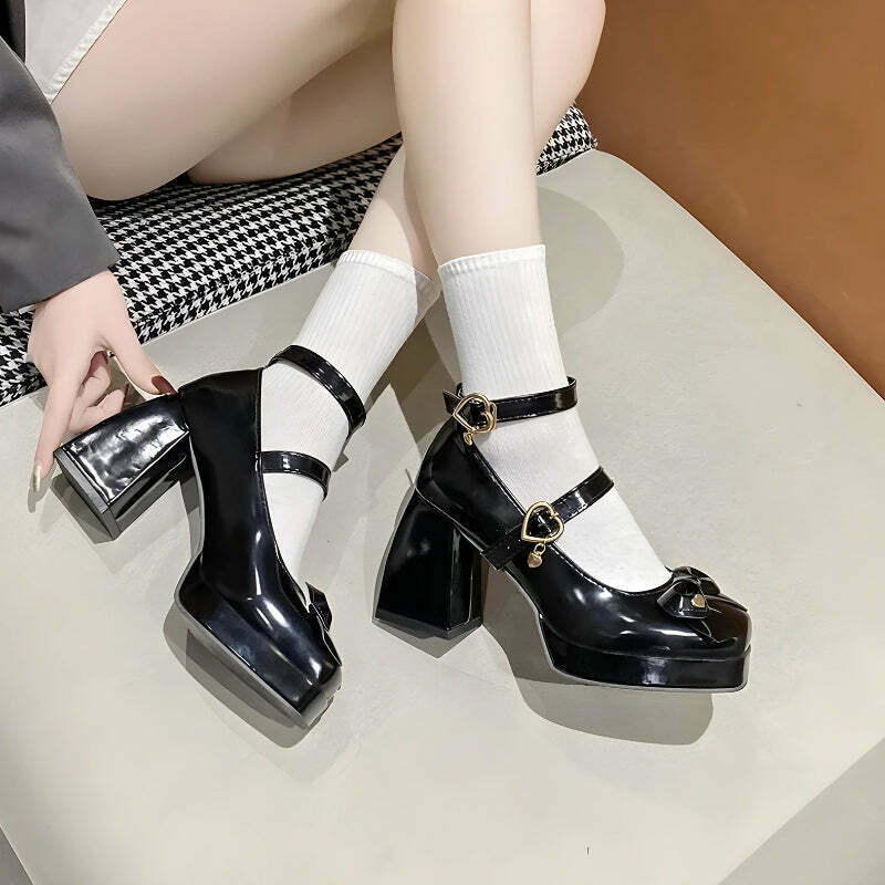 Bow & Heart Mary Jane High Heels - Trendy Y2K Fashion Footwear for Stylish Looks