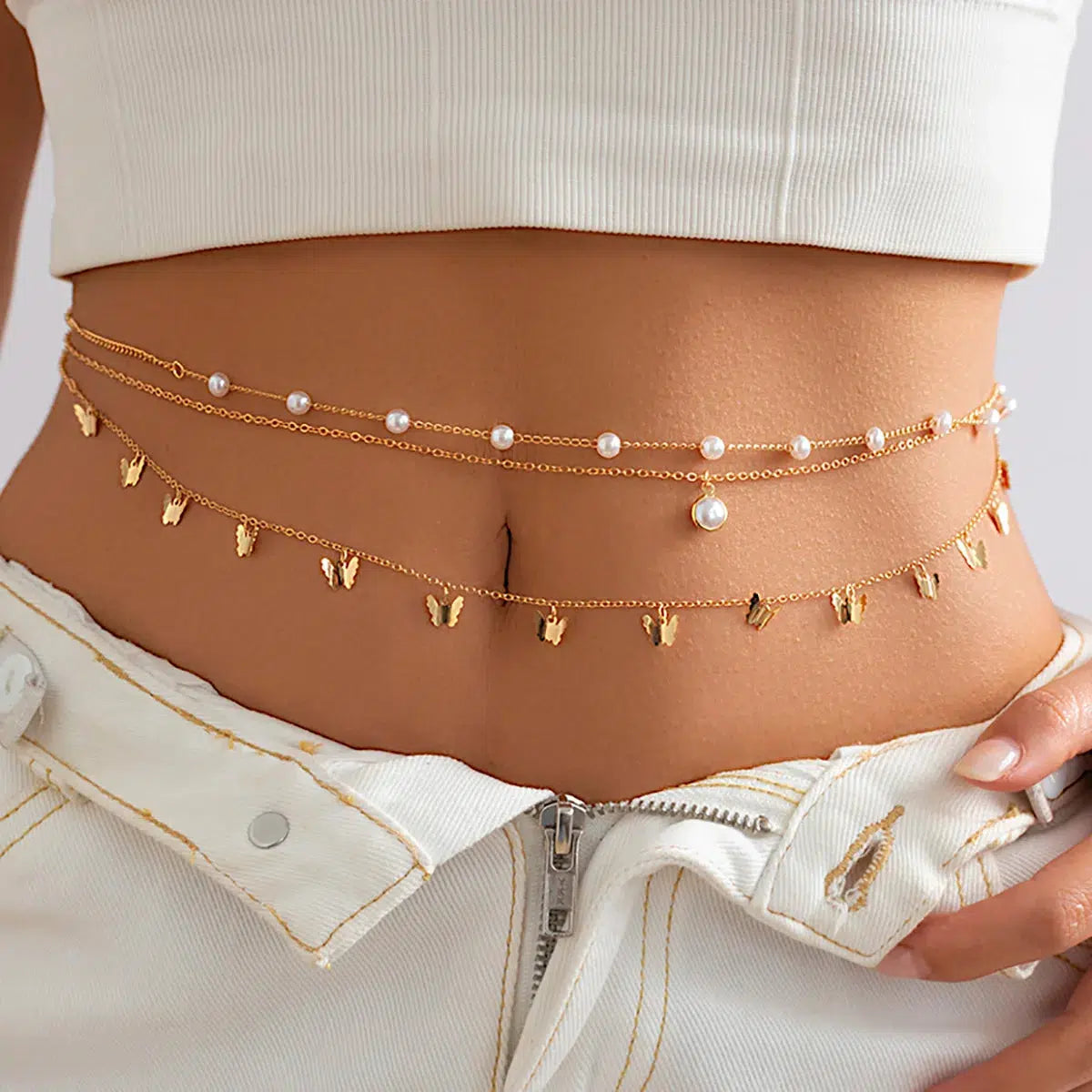 Butterfly Layered Beaded Belly Chain for Y2K Outfits - Trendy 90s Inspired Fashion Accessory