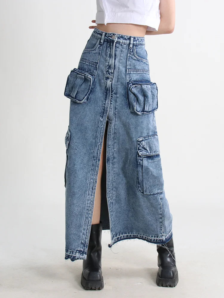 Cargo Split Denim Midi Skirt - Trendy Y2K Clothing for a Stylish Look