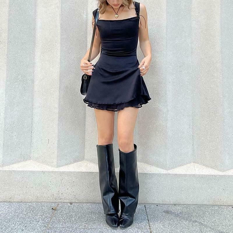 Chic Black Tie Fastening Mini Dress - Trendy Y2K Style for Modern Fashion Enthusiasts