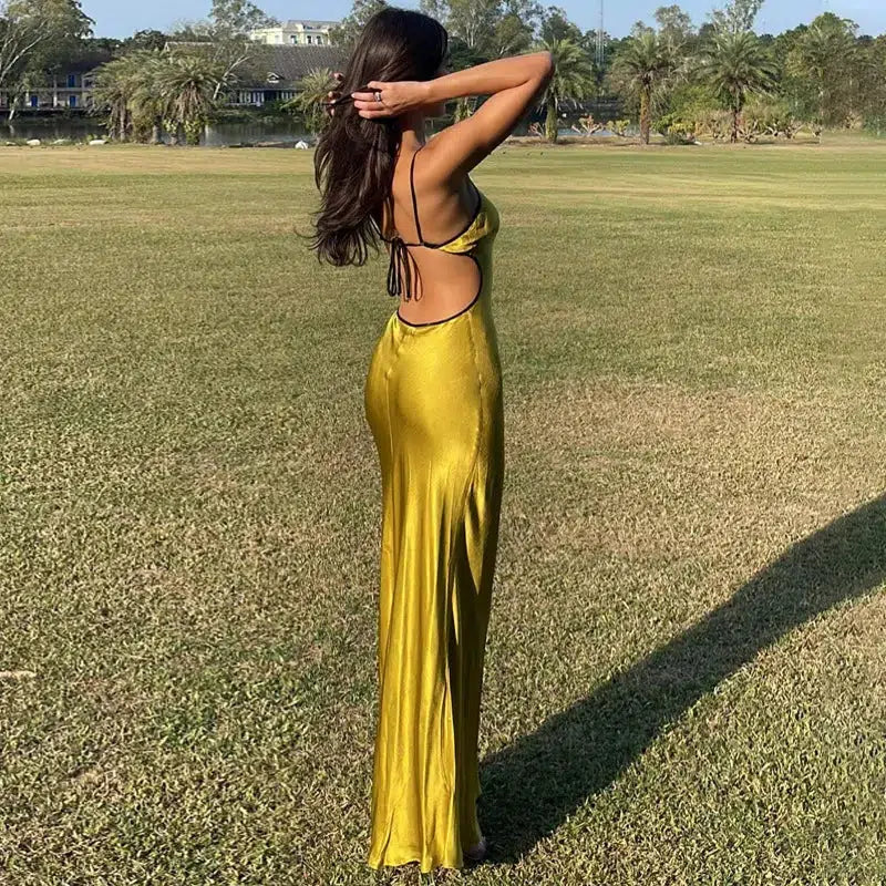 Chic Satin Backless Maxi Dress - Y2K Fashion Essential for Stylish Women