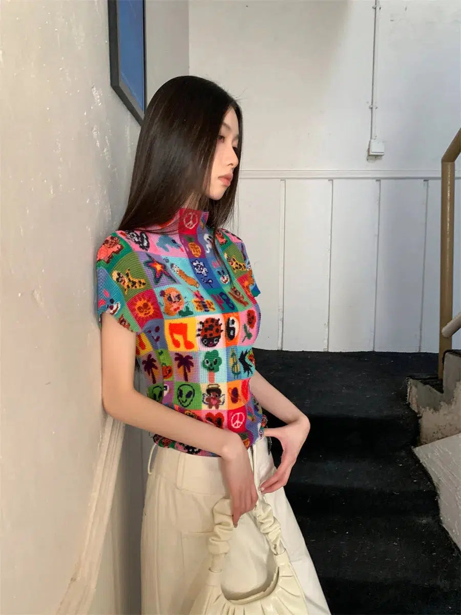 Colorful Sketchbook Pleated Top - Trendy Korean Y2K Fashion for a Stylish Look