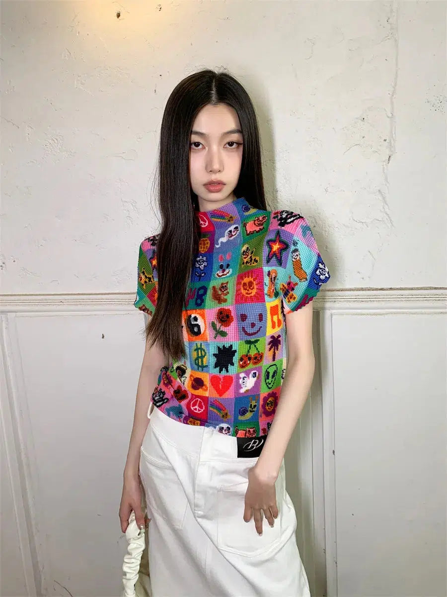 Colorful Sketchbook Pleated Top - Trendy Korean Y2K Fashion for a Stylish Look