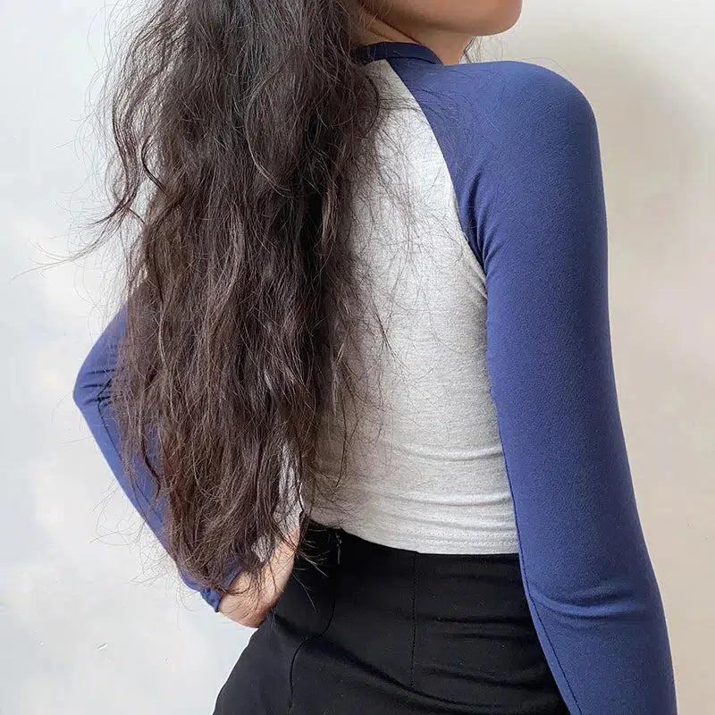 Contrast Sleeve College Crop Top - Trendy Y2K Style Clothing for Fashion-Forward Looks