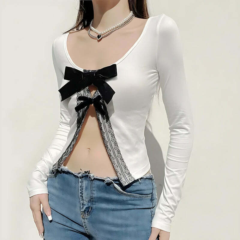 Coquette Bow Open Front Top - Trendy Y2K Style Clothing for Men & Women, Cyber Fashion 2025