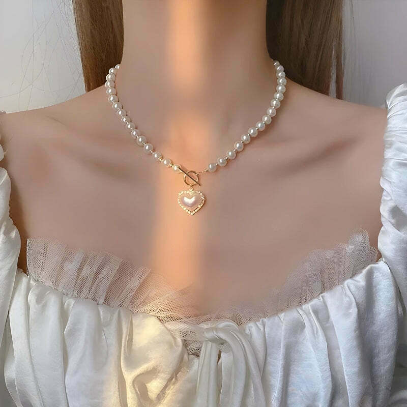 Coquette Heart Pearl Necklace - Trendy Y2K Jewelry for a Chic and Stylish Look