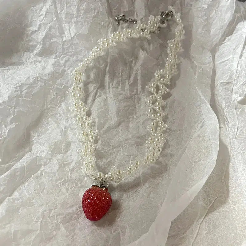 Coquette Strawberry Pearl Beaded Necklace - Y2K Style Jewelry for Retro Fashion Lovers