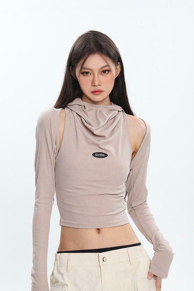 Cowl Collar Cut-Out Crop Top for Trendy Y2K Style - Must-Have Y2K Clothing for Men