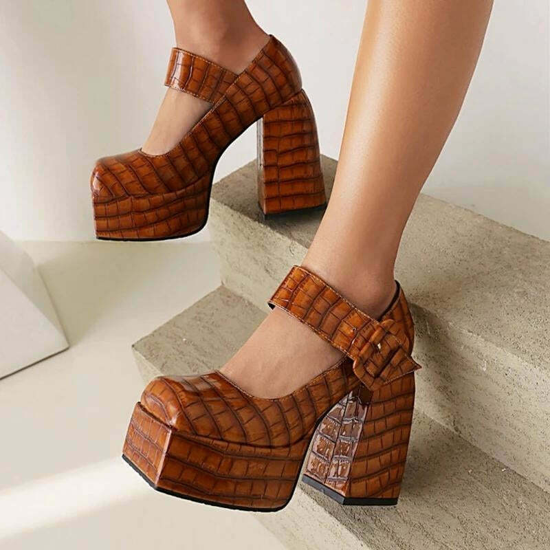 Crocodile Square Toe Platform High Heels - Trendy Y2K Fashion for a Stylish Look