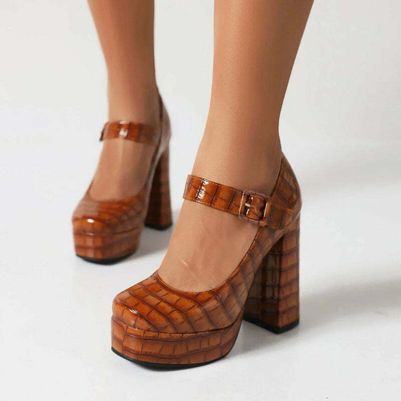 Crocodile Square Toe Platform High Heels - Trendy Y2K Fashion for a Stylish Look