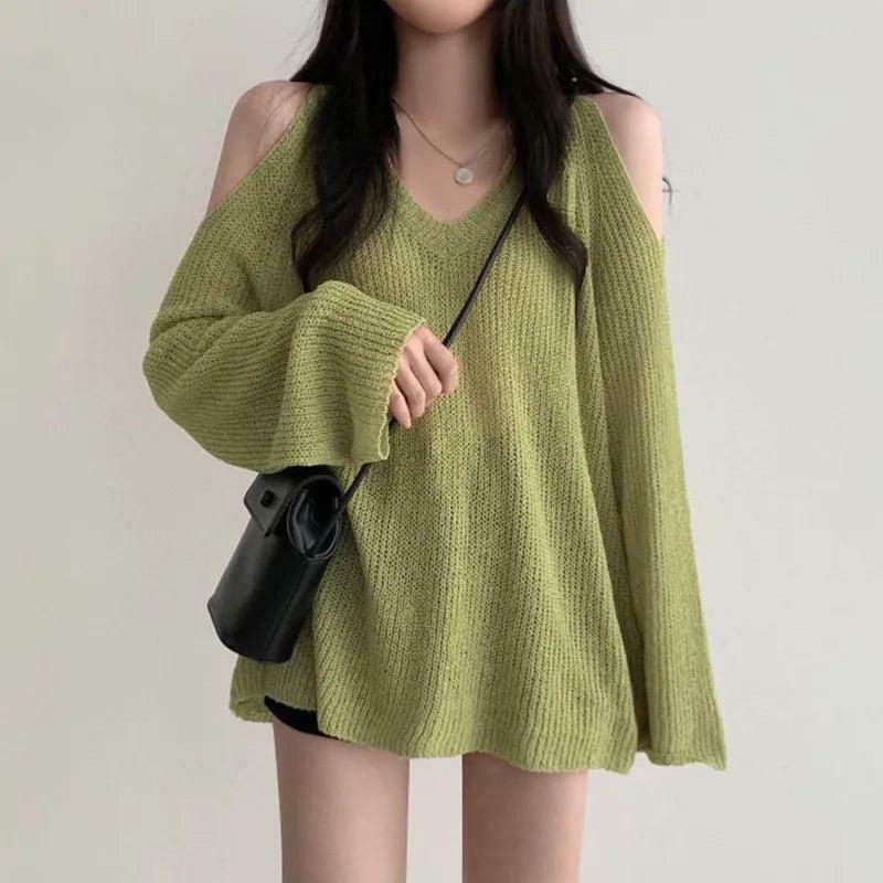 Cut-Out Shoulder Vintage Cable Knit Sweater - Aesthetic Y2K Fashion & Chunky Style