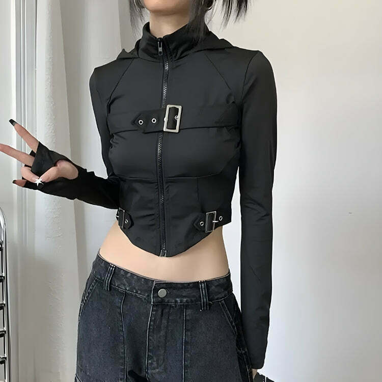 Cyberpunk Belted Zip-Up Crop Jacket for Trendy Y2K Style - Perfect for Modern Fashion Enthusiasts