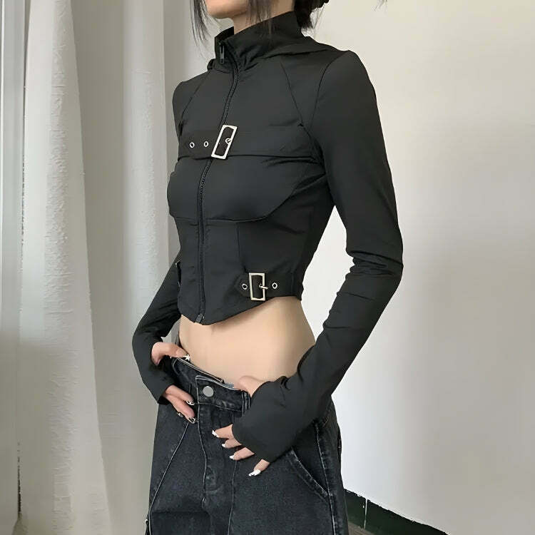 Cyberpunk Belted Zip-Up Crop Jacket for Trendy Y2K Style - Perfect for Modern Fashion Enthusiasts