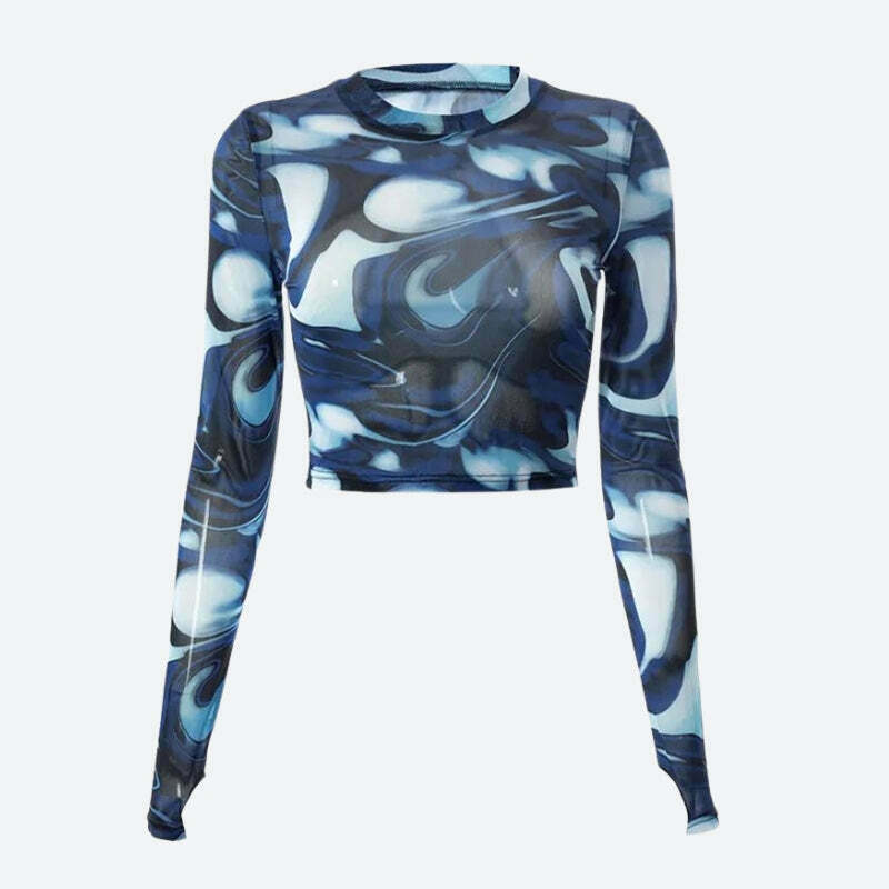 Cyberpunk Blue Aura Sheer Top - Y2K Grunge Style for Trendy Outfits and Fashionistas