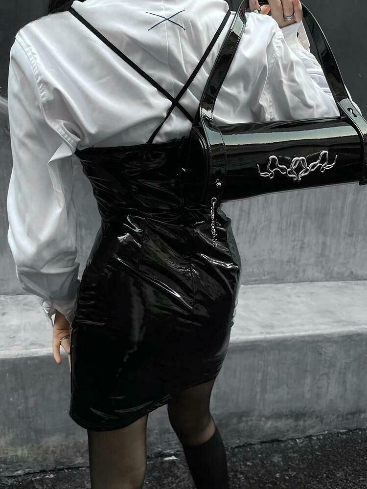 Cyberpunk Faux Patent Leather Mini Dress - Trendy Y2K Fashion for Bold Outfits