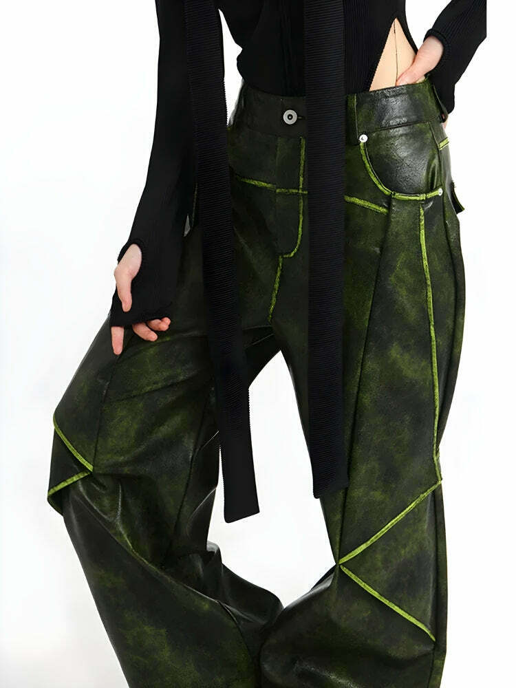 Cyberpunk Forest Faux Leather Pants for Trendy Y2K Style - Stylish Leather Pants for Men