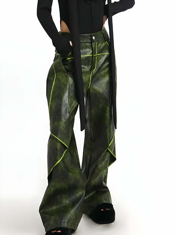 Cyberpunk Forest Faux Leather Pants for Trendy Y2K Style - Stylish Leather Pants for Men