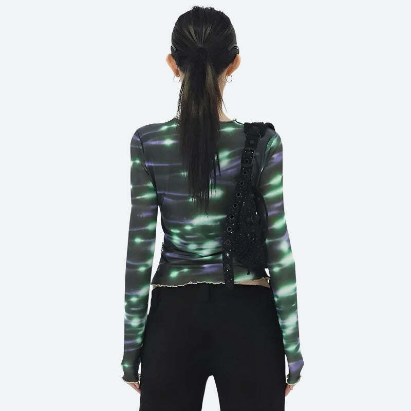 Cyberpunk Green Lights Mesh Top for Y2K Grunge Fall Outfits - Retro Fashion Essential