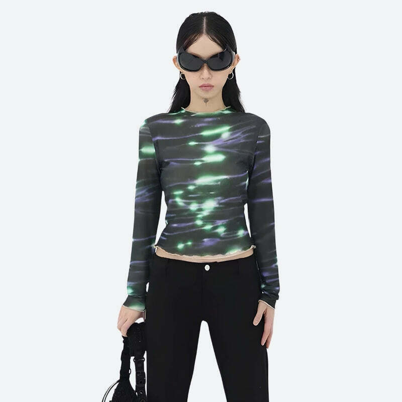 Cyberpunk Green Lights Mesh Top for Y2K Grunge Fall Outfits - Retro Fashion Essential