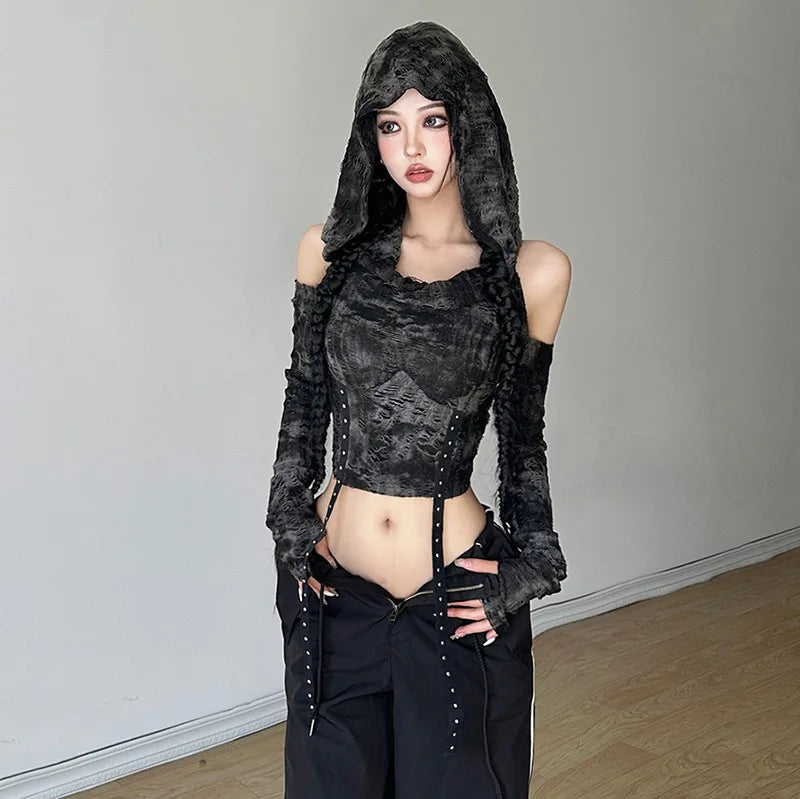 Cyberpunk Off Shoulder Hooded Top - Y2K Style Hoodie for Trendy Grunge Outfits