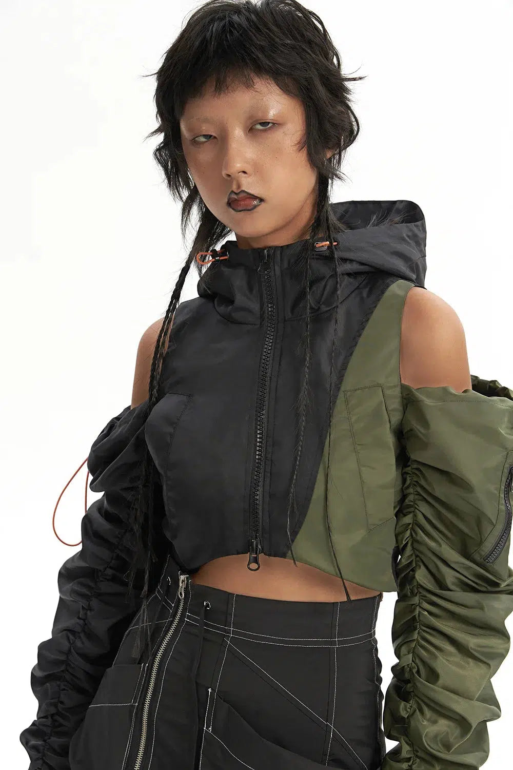 Cyberpunk Rainbow Ruched Sleeve Puffer Jacket - Y2K Style Streetwear for Trendsetters