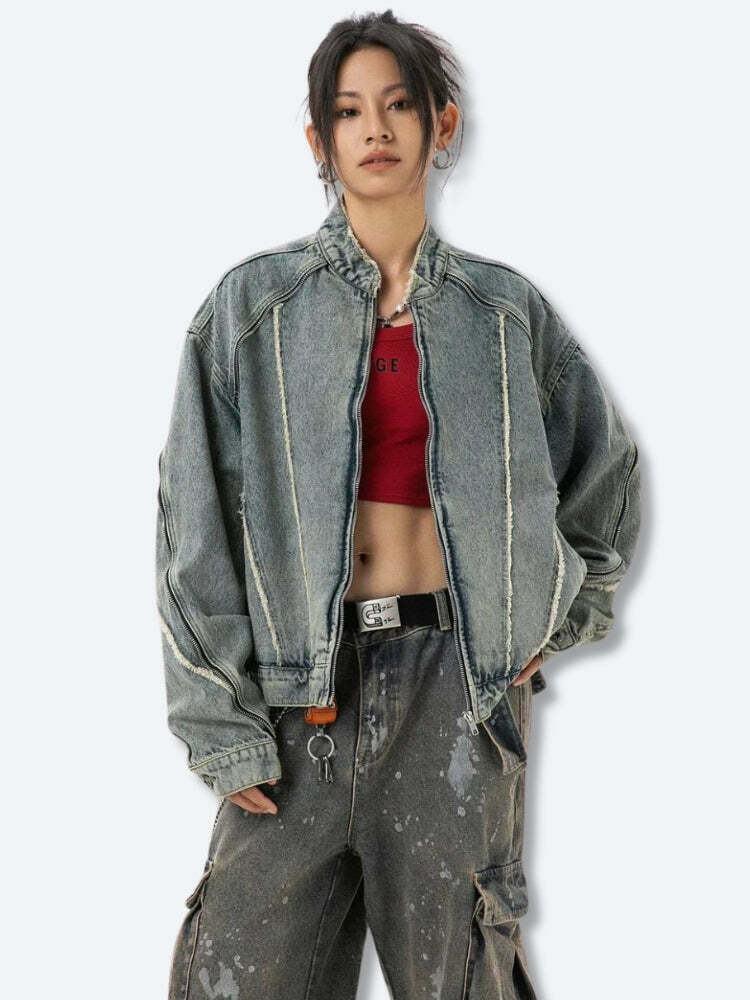 Cyberpunk Zip-Up Denim Jacket for Trendy Y2K Outfits - Embroidered & Sheepskin Styles