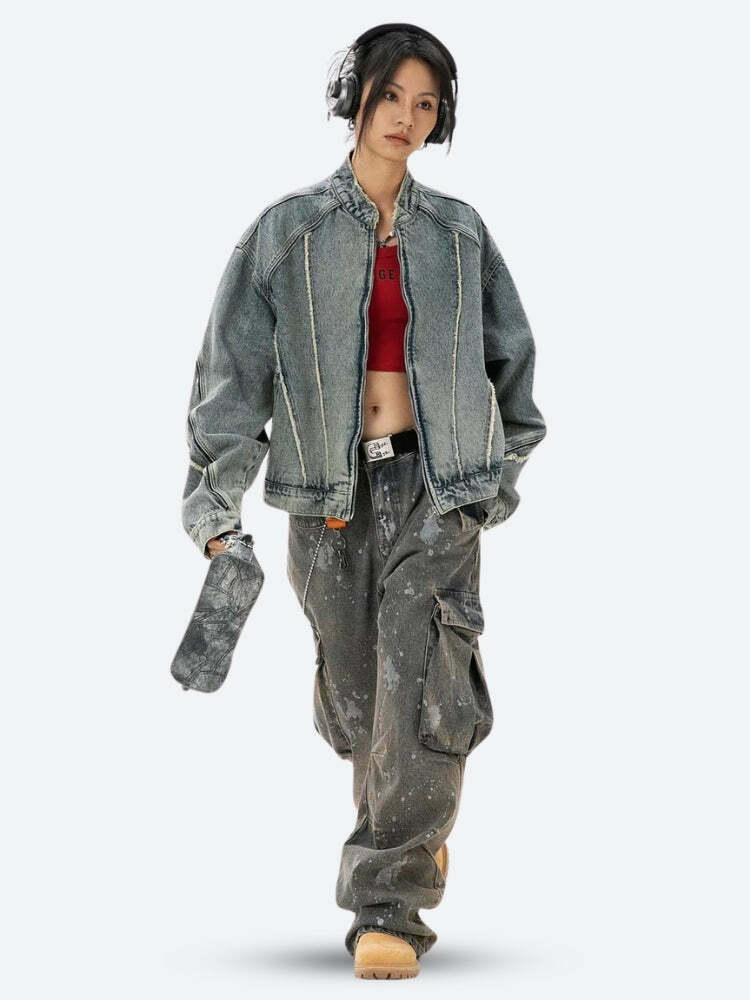 Cyberpunk Zip-Up Denim Jacket for Trendy Y2K Outfits - Embroidered & Sheepskin Styles