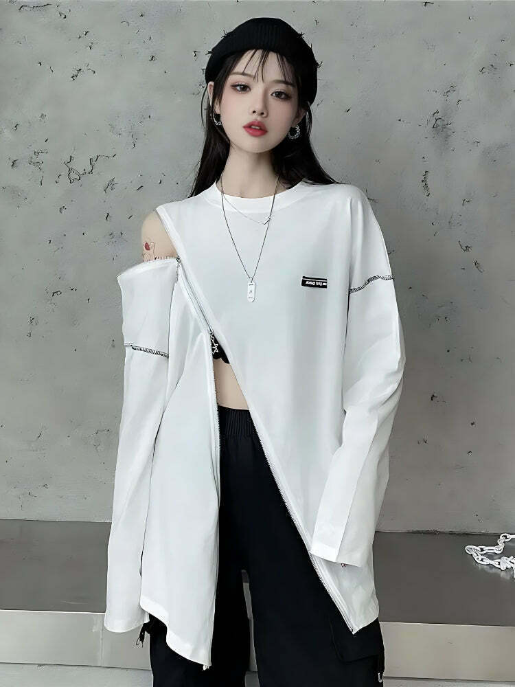 Cyberpunk Zip-Up Top - Trendy Korean Y2K Fashion for a Stylish Look