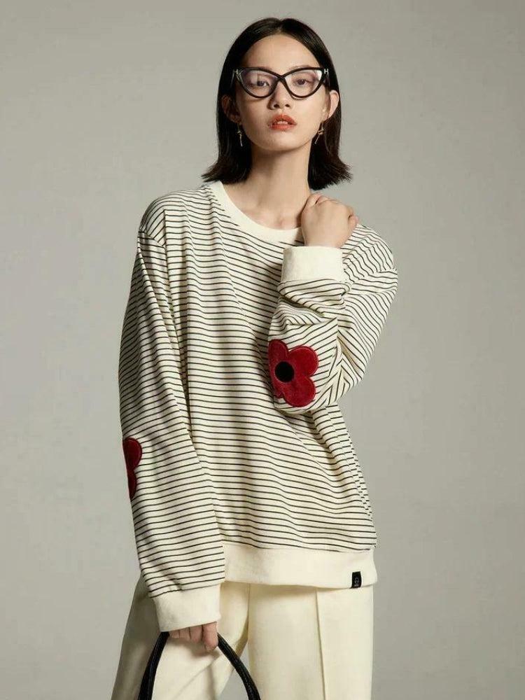 Daisy Embroidered Striped Sweatshirt - Trendy Y2K Fashion for a Chic Korean Look