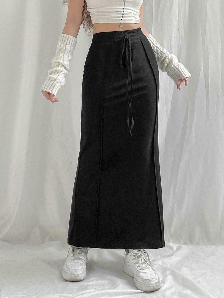 Dark Academia Drawstring Maxi Skirt - Trendy Y2K Clothing for a Stylish Look