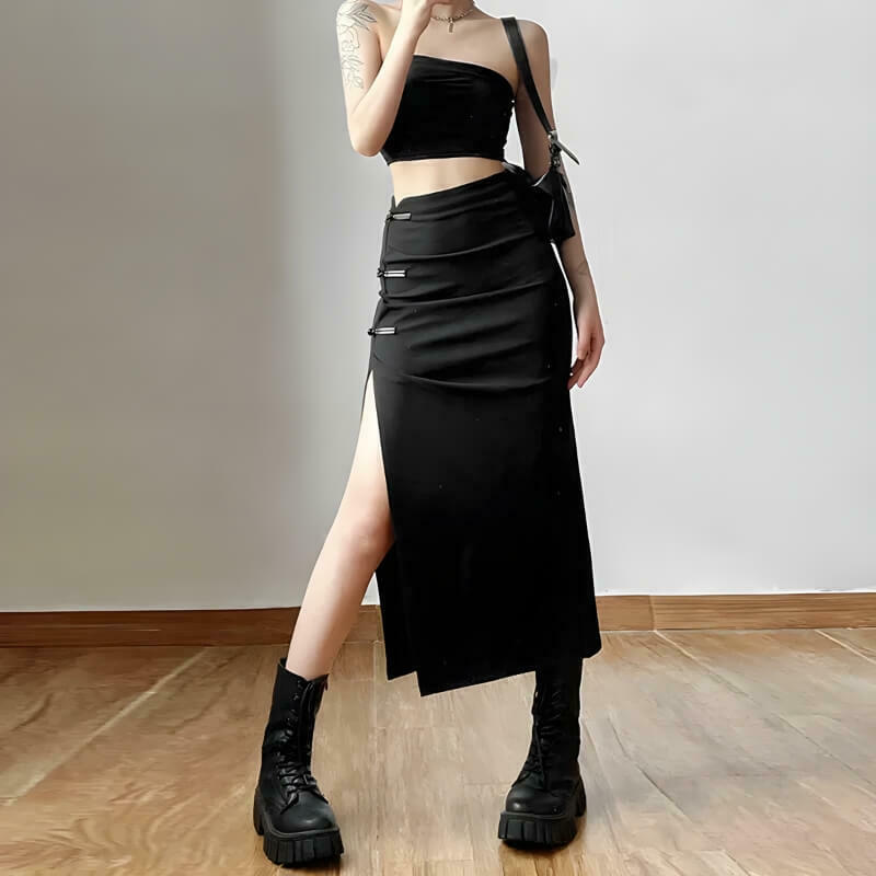 Dark Academia High Split Midi Pencil Skirt - Trendy Y2K Style for Fashion-Forward Outfits