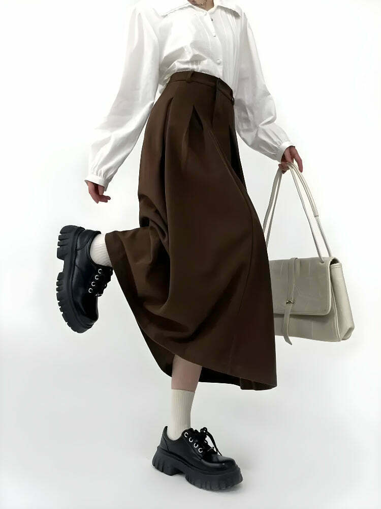 Dark Academia Khaki Pleated Midi Skirt - Y2K Denim & Leather Styles for Trendy Outfits