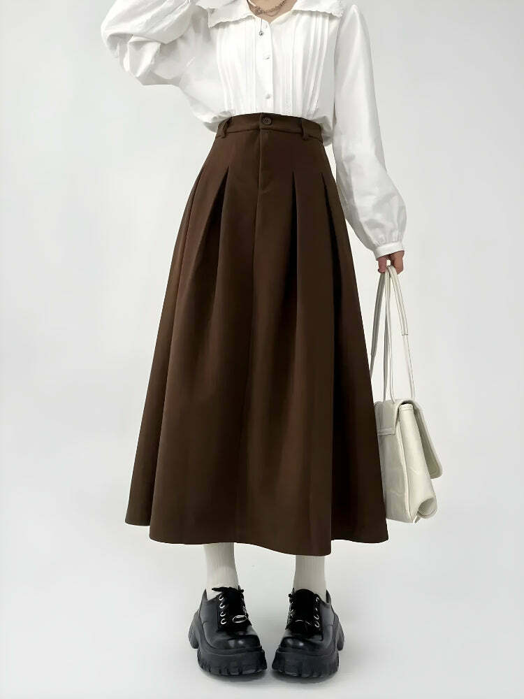 Dark Academia Khaki Pleated Midi Skirt - Y2K Denim & Leather Styles for Trendy Outfits