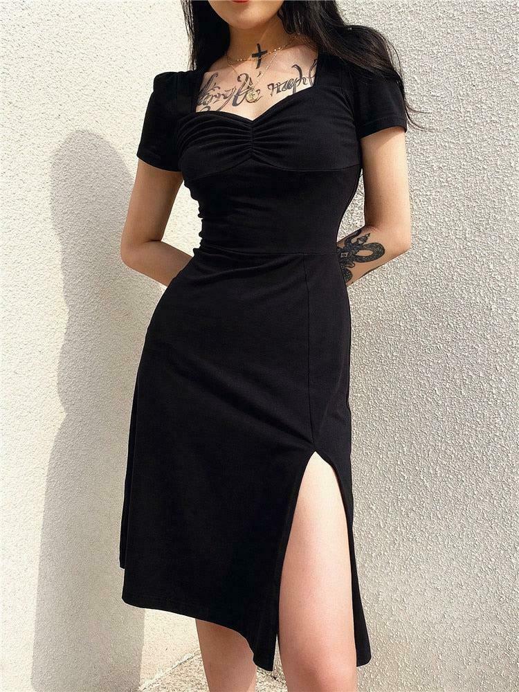 Dark Academia Leg Split Midi Dress - Y2K Style Fashion for Trendy Outfits and Unique Looks