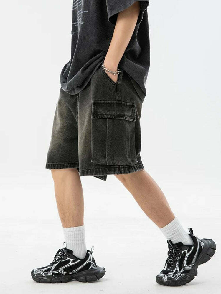 Denim Drawstring Wide Leg Cargo Shorts for Y2K Style - Trendy Grunge Fashion for Men