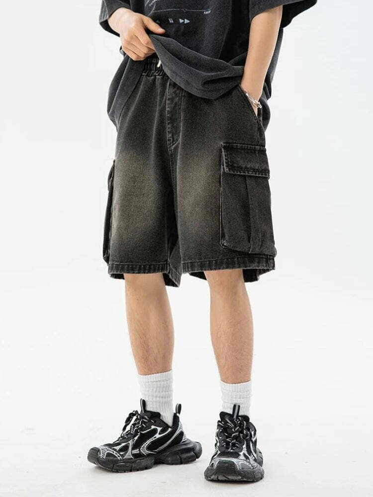 Denim Drawstring Wide Leg Cargo Shorts for Y2K Style - Trendy Grunge Fashion for Men