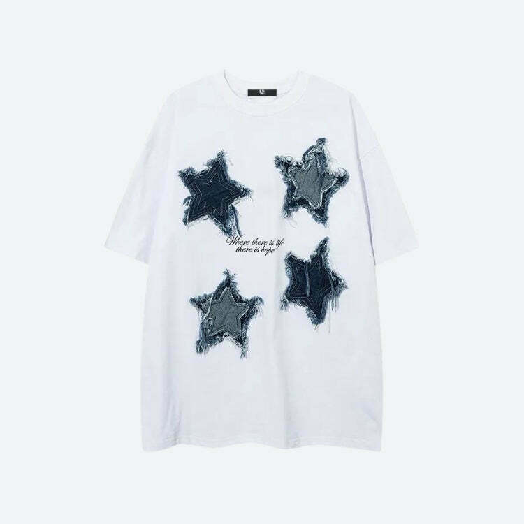 Denim Star Patchwork Tee - Trendy Y2K Style Clothing for Men and Women, Perfect for Punk Outfits