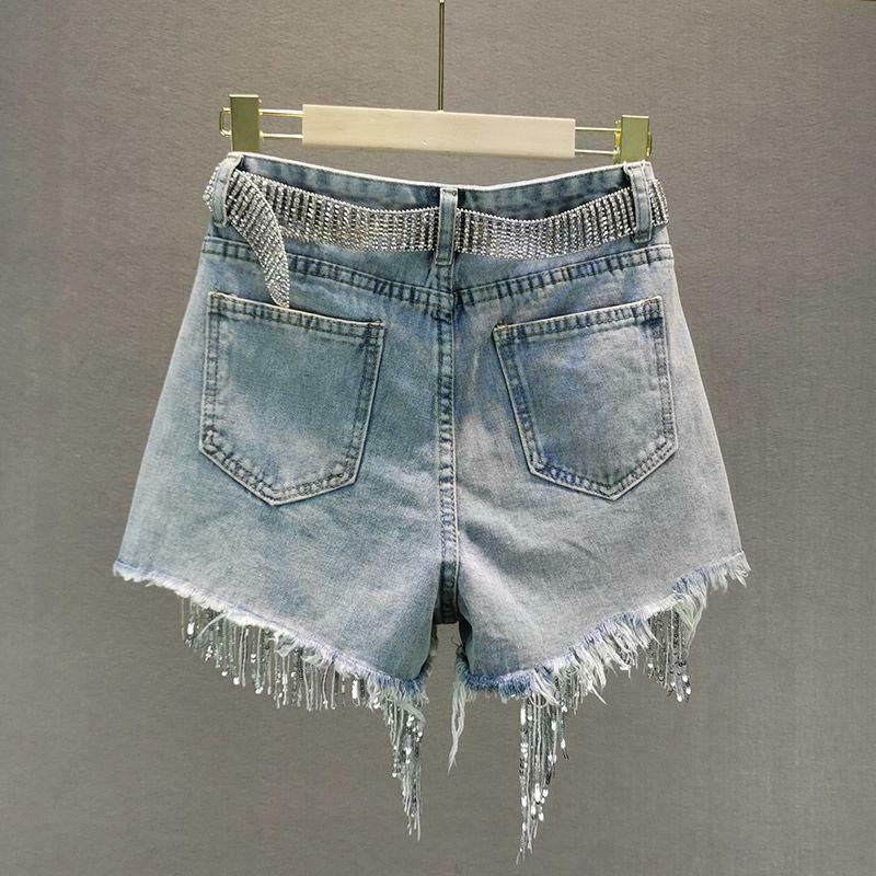 Disco Cowgirl Rhinestone Fringe Denim Shorts - Trendy Y2K Fashion for a Bold Look