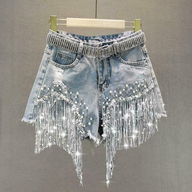 Disco Cowgirl Rhinestone Fringe Denim Shorts - Trendy Y2K Fashion for a Bold Look