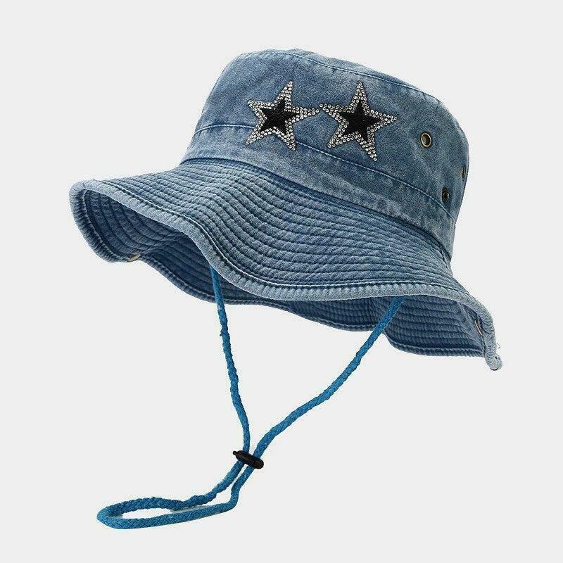 Disco Cowgirl Star Printed Denim Hat - Trendy Y2K Fashion Accessory for Stylish Looks