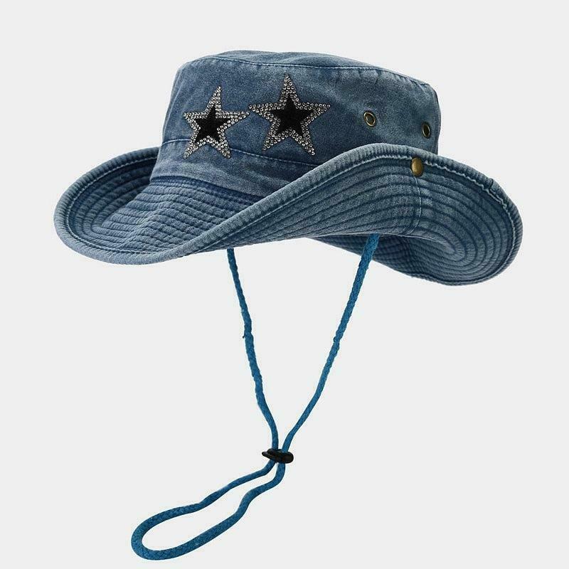 Disco Cowgirl Star Printed Denim Hat - Trendy Y2K Fashion Accessory for Stylish Looks