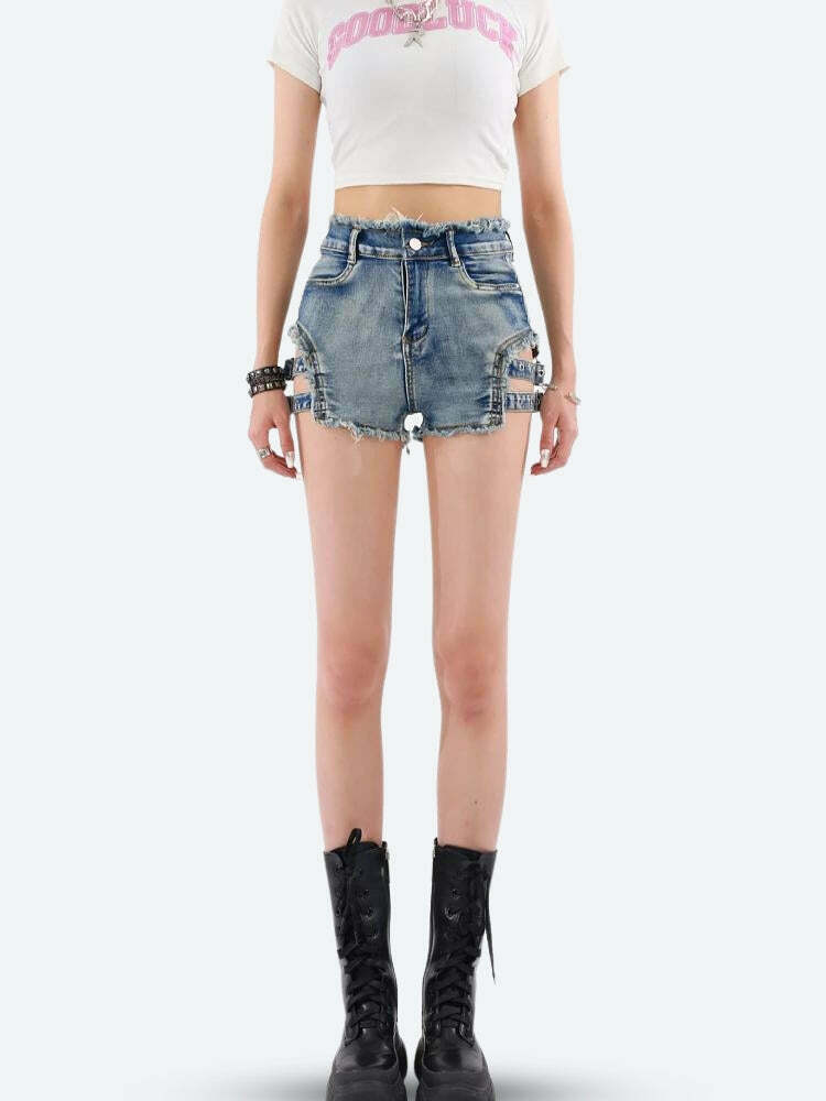 Distressed Cut Out Denim Shorts for Trendy Y2K Style - Must-Have Cut-Out Shorts